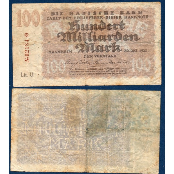 Allemagne Bade P.S914, TB Billet de 100 millions Mark 1923