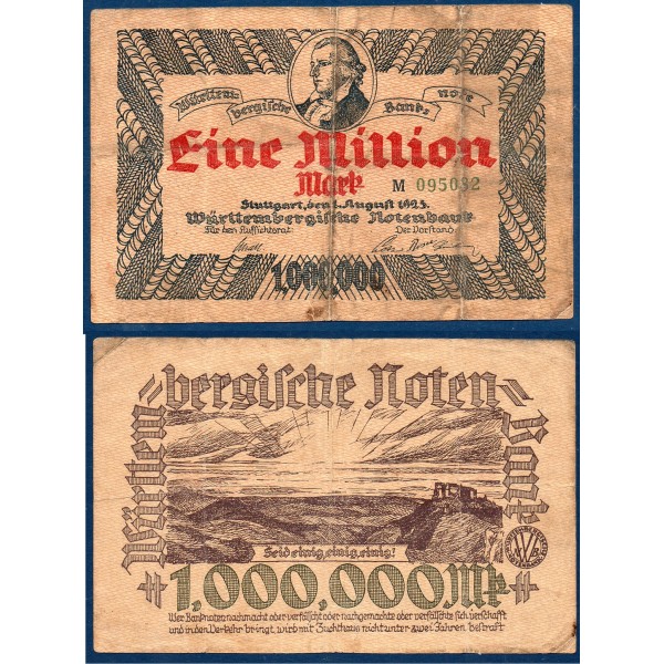 Stuttgart Gross Notgeld 1 Million mark, 1.8.1923