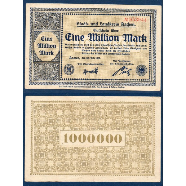 Aachen Gross Notgeld 1 Million mark, 20.7.1923
