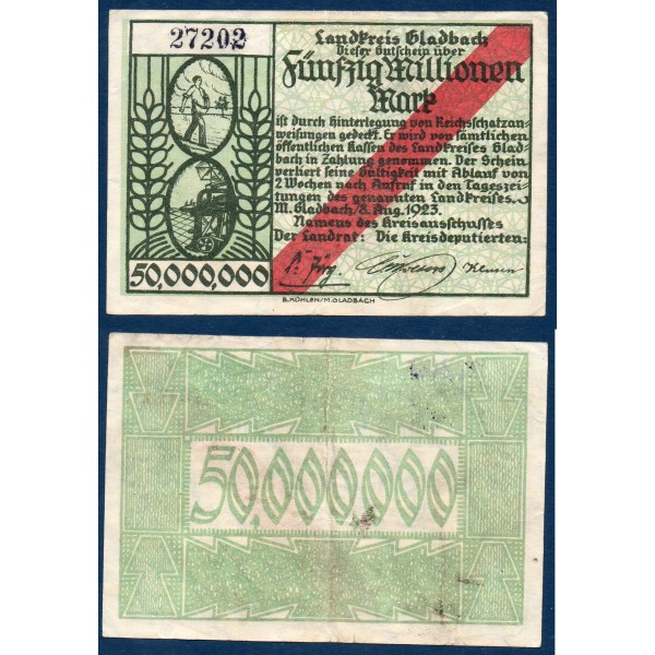 Gladbach Notgeld TTB 50 millions mark, 8.8.1923