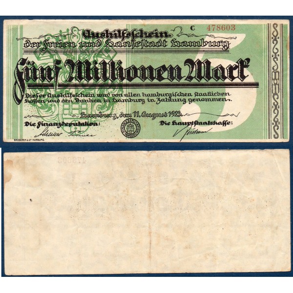 Hambourg Gross Notgeld 5 millions mark, 11.8.1923