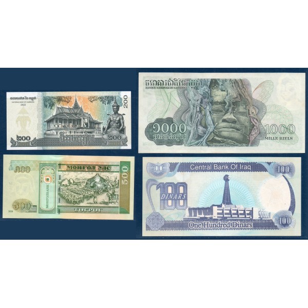 Lot de 4 Billets 1 Mongolie, 1 Irak, 2 Cambodge SPL et NEUFS