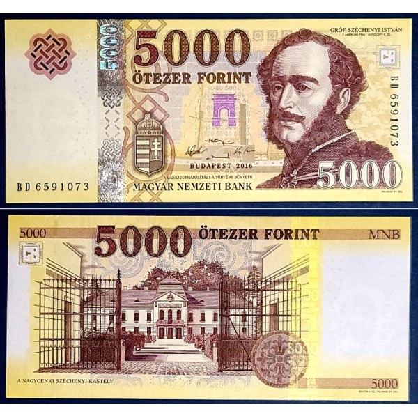 Hongrie P.205a, Neuf Billet de 5000 Forint 2016 Széchenyi Istvan