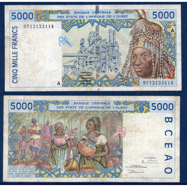 BCEAO P.113Af, TB Billet de 5000 Francs CFA 1997 pour la Cote d'Ivoire