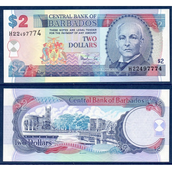 Barbade P.54b, Neuf Billet de 2 dollars 1999 John Redman Bovell
