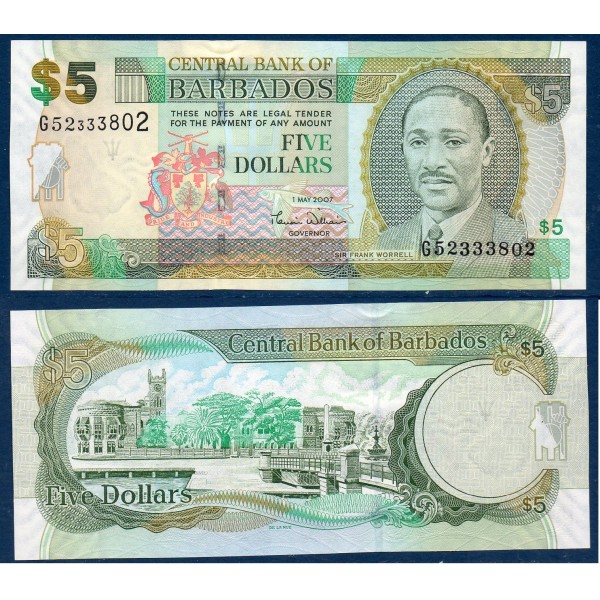 Barbade P.67a, neuf Billet de 5 dollars 2007 Frank Mortimer
