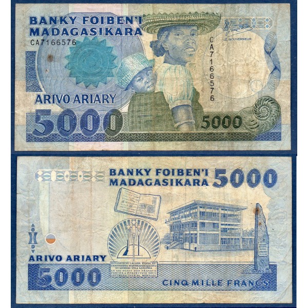 Madagascar P.73a, B Billet 5000 Francs -1000 ariary 1988-1993 Bibliothèque