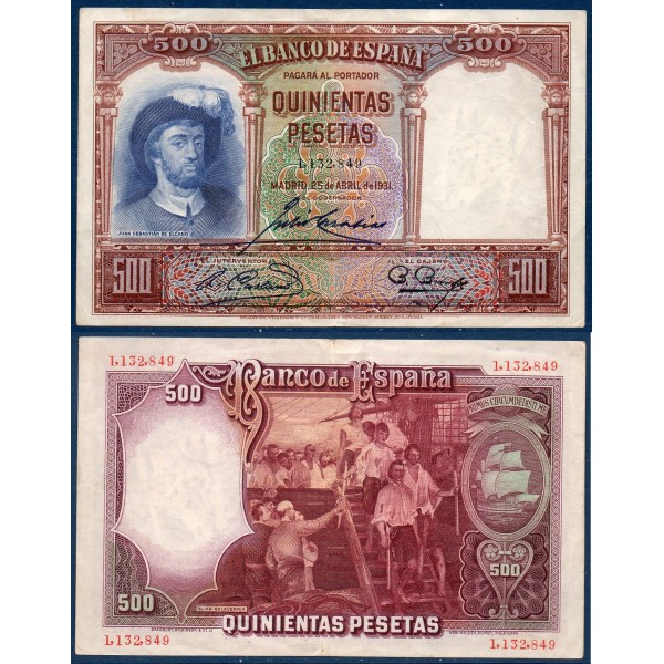 Espagne P.84, TTB Billet de 500 pesetas 1931 Elcano