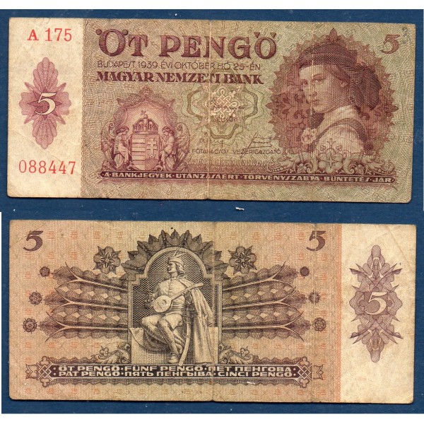 Hongrie P.106, TB Billet de 5 Pengo 1939 homme à la mandoline