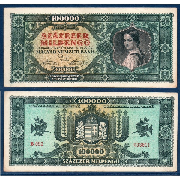Hongrie P.127, TTB Billet de 100000 Pengo 1946 Femme