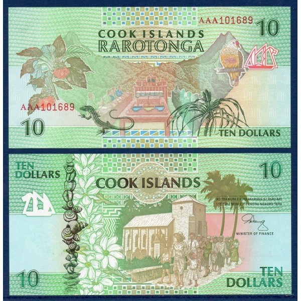 iles Cook Pick N°8a, Billet de banque de 10 dollars 1992