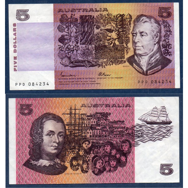 Australie P.44e, TTB Billet de 5 Dollars 1979 Joseph Banks