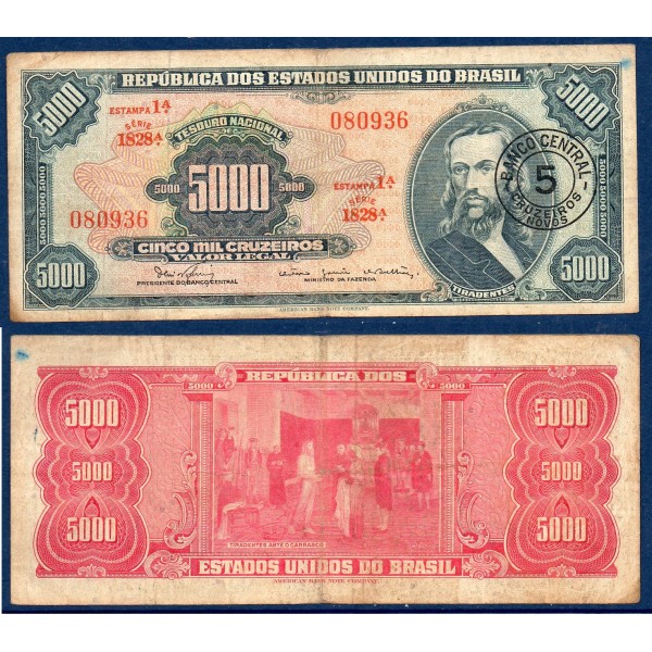 Bresil P.188b, B Billet de 5 cruzeiros novos 1967 Da Silva Xavier