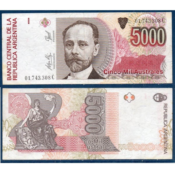Argentine P.330e, TTB Billet de 5000 Australes 1989-1991 Miguel Juarez Celman