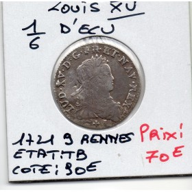 1/6 Ecu de France 1721 9 Rennes Louis XV TB