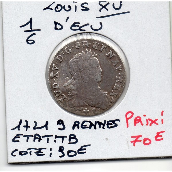 1/6 Ecu de France 1721 9 Rennes Louis XV TB