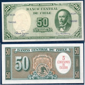 Chili P.126a, neuf Billet de 5 centesimos 1960-1961 Anibal Pinto