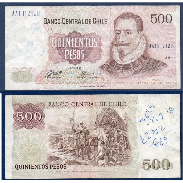 Chili P.153d, TTB ecrit Billet de 500 Pesos 1991-1993 Pedro de Valdivia