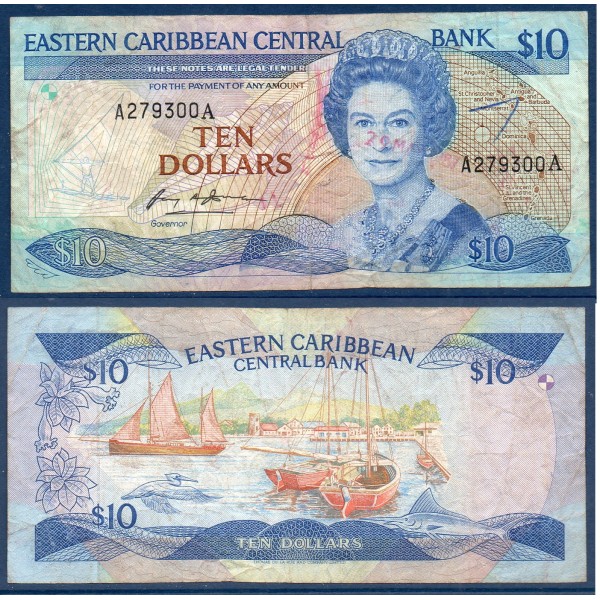Caraïbes de l'est P.23a1 TB écirt pour Antigua Billet de 10 dollars 1985-1993