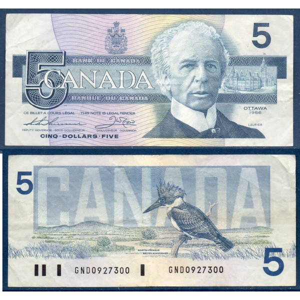 Canada P.95b, TTB Billet de 5 dollars 1986 Wilfrid Laurier