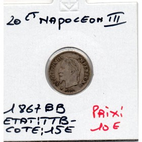 20 centimes Napoléon III tête laurée 1867 BB Strasbourg TTB-