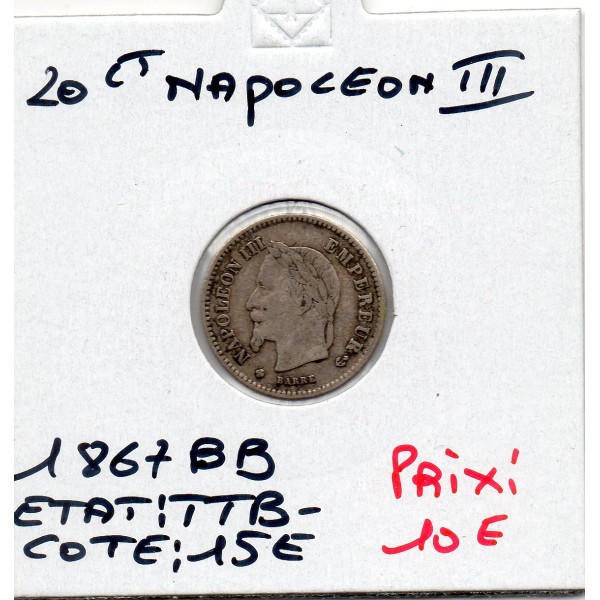 20 centimes Napoléon III tête laurée 1867 BB Strasbourg TTB-