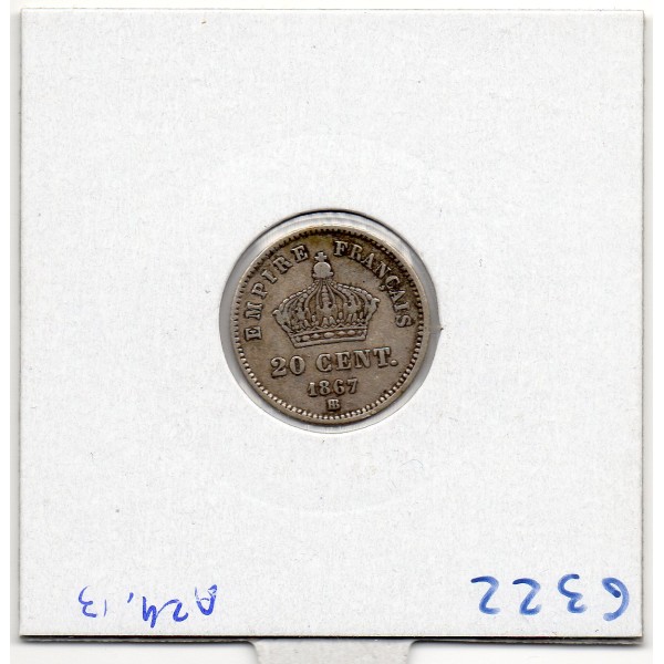 20 centimes Napoléon III tête laurée 1867 BB Strasbourg TTB-