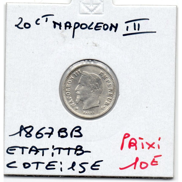 20 centimes Napoléon III tête laurée 1867 BB Strasbourg TTB-