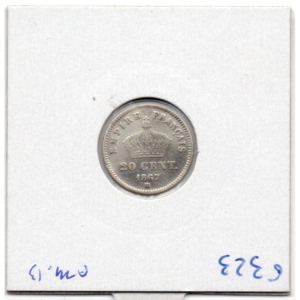 20 centimes Napoléon III tête laurée 1867 BB Strasbourg TTB-