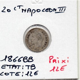 20 centimes Napoléon III tête laurée 1866 BB Strasbourg TB