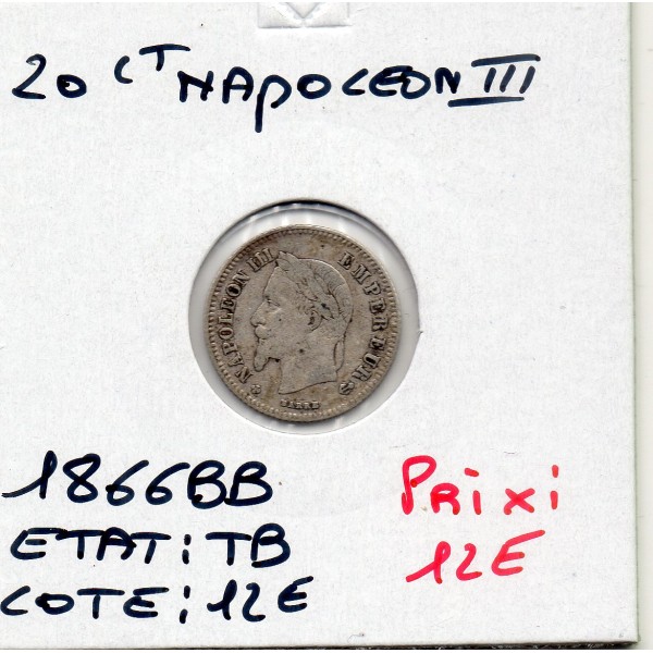 20 centimes Napoléon III tête laurée 1866 BB Strasbourg TB