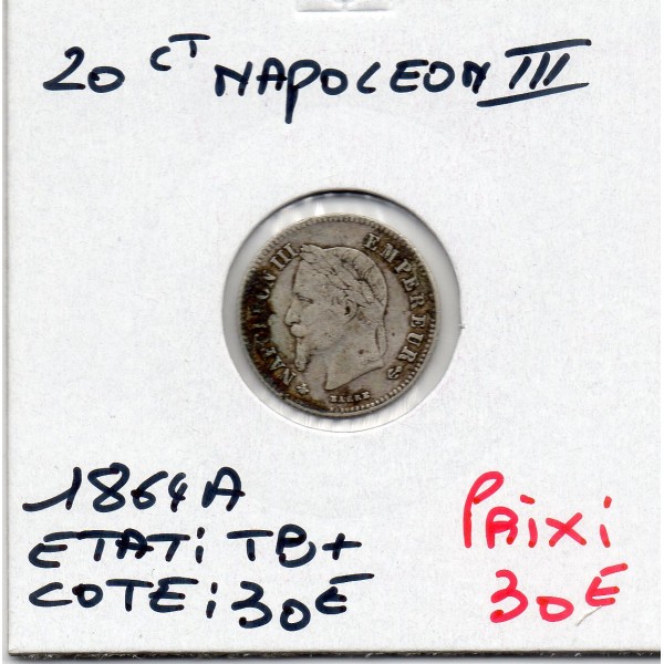 20 centimes Napoléon III tête laurée 1864 A Paris TB+
