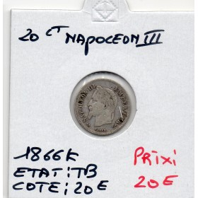 20 centimes Napoléon III tête laurée 1866 K Bordeaux TB