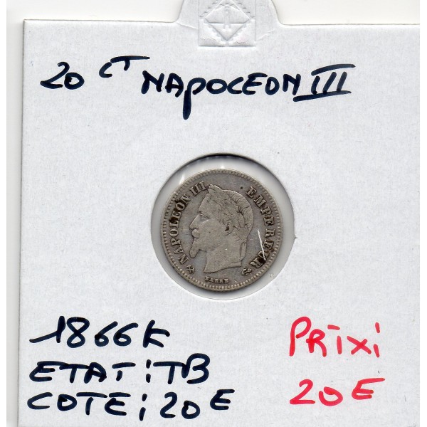 20 centimes Napoléon III tête laurée 1866 K Bordeaux TB