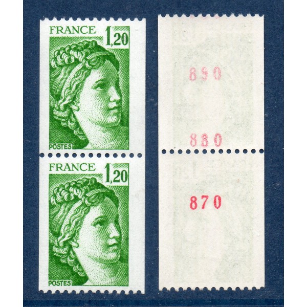 Timbre Yvert No 2157a 2 numéros rouges sur 2 timbres attenant variété Type Sabine de roulette 1.40fr