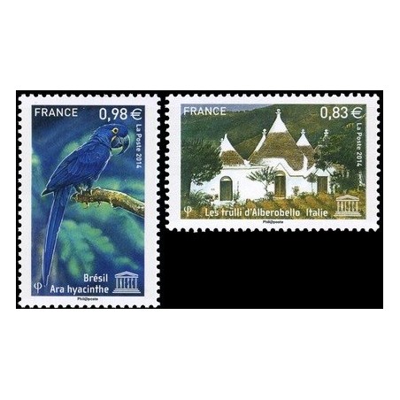 Timbres France Services Yvert 161-162 UNESCO  trulli d'alberobello, ara hyacinthe