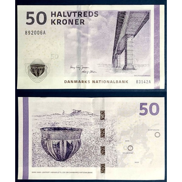 Danemark P.65g, TTB Billet de 50 Kroner 2014 pont Sallingsund