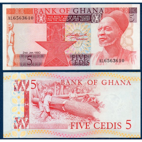 Ghana P.19b, Neuf, Billet de 5 cédis 1980 bûcheronnage