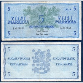 Finlande P.103a, TTB Billet de 5 markkaa 1963 LITT A