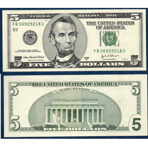 Etats Unis P.517b New york, Sup Billet de 5 Dollars 2003A série B