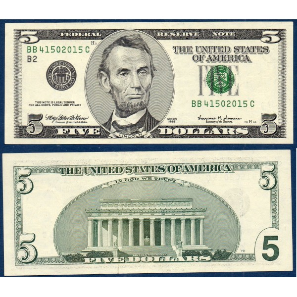 Etats Unis P.505 New york, TTB Billet de 5 Dollars 1999 série B