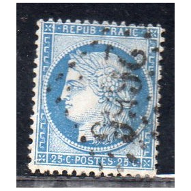 Timbre France Yvert No 60B Type Cérès 25c bleu Oblitéré gros chiffres