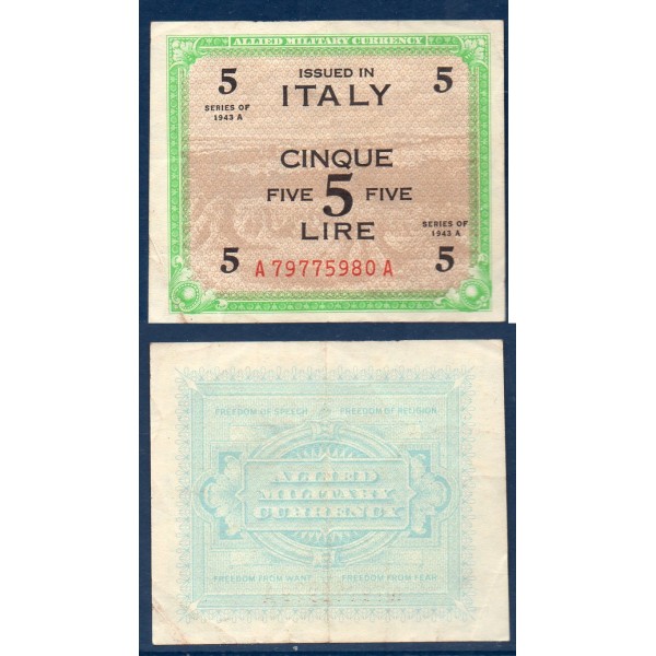 Italie P.M18a, TTB Billet de 5 Lire 1943 A-A