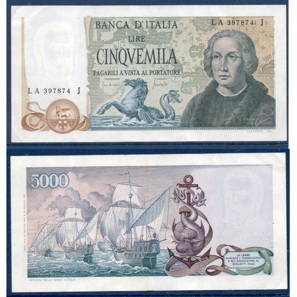 Italie P.102a, TTB+ Billet de 5000 Lire 1971 Christophe Colomb