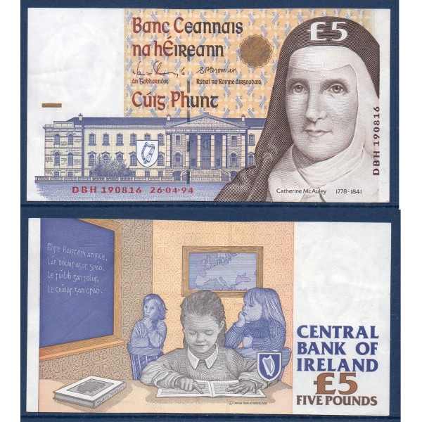 Irlande P.75a, TTB Billet de 5 livres 1994 Catherine McAuley