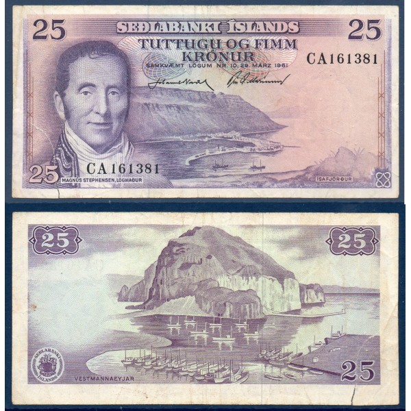 Islande P.43, TB Billet de 25 kronur 1961 Magnus Stephensen