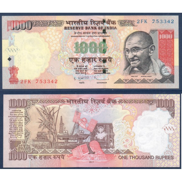 Inde P.100t, neuf Billet de 1000 Ruppes 2011 sans plaque