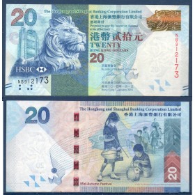 Hong Kong P.212d, TTB Billet de 20 dollars 2014 Lion