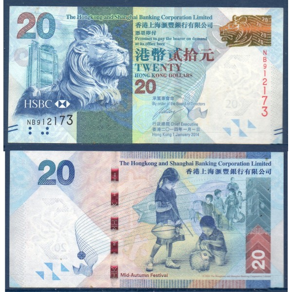 Hong Kong P.212d, TTB Billet de 20 dollars 2014 Lion