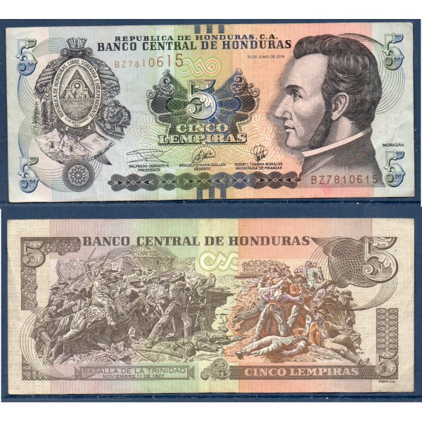 Honduras P.98d, TB Billet de 5 Lempiras 2019 Quezada
